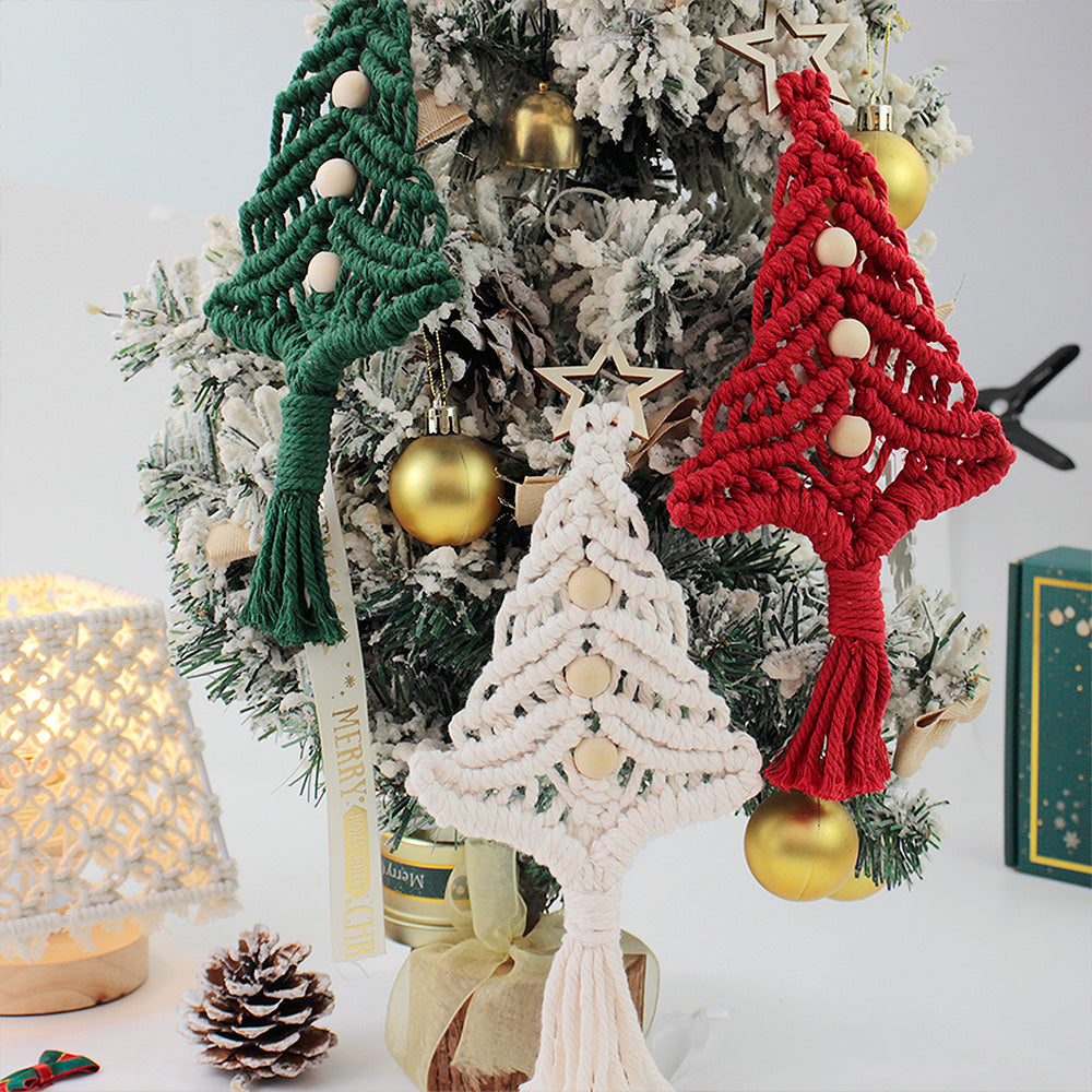 Beginner-Friendly DIY Wooden Bead Christmas Tree Macrame Kit - Holiday Decoration Pendant, Home & Car Christmas Ornament