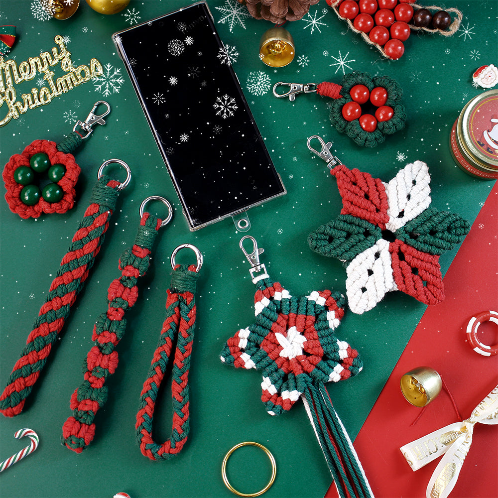 Macrame Kit Christmas 8-Strand Keychain Wristband Kit | Red & Dark Green | Anti-Lost String | Beginner Weaving