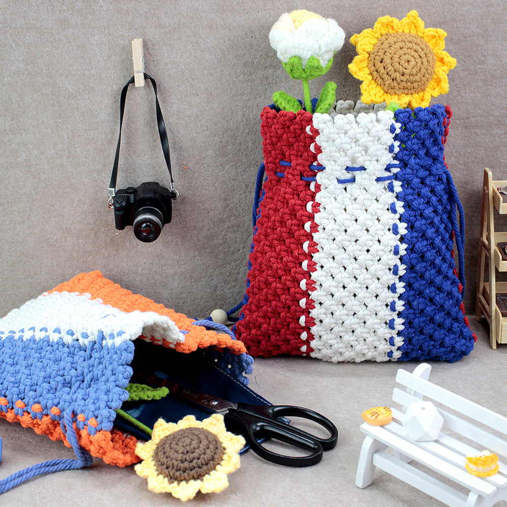 Macrame Kit Fortune Bag Storage Weaving Kit | 3-Color Patchwork | Drawstring Closure | Beginner-Friendly | Bead Accent | DIY Gift