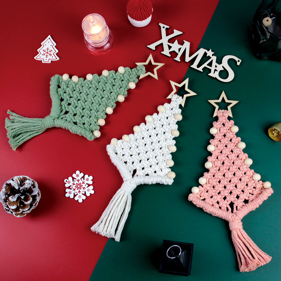 Christmas Tree Ornament Weaving Kit Macrame Kit | Car/Bag Pendant | Holiday DIY Gift | Beginner-Suitable Wooden Bead Christmas Tree