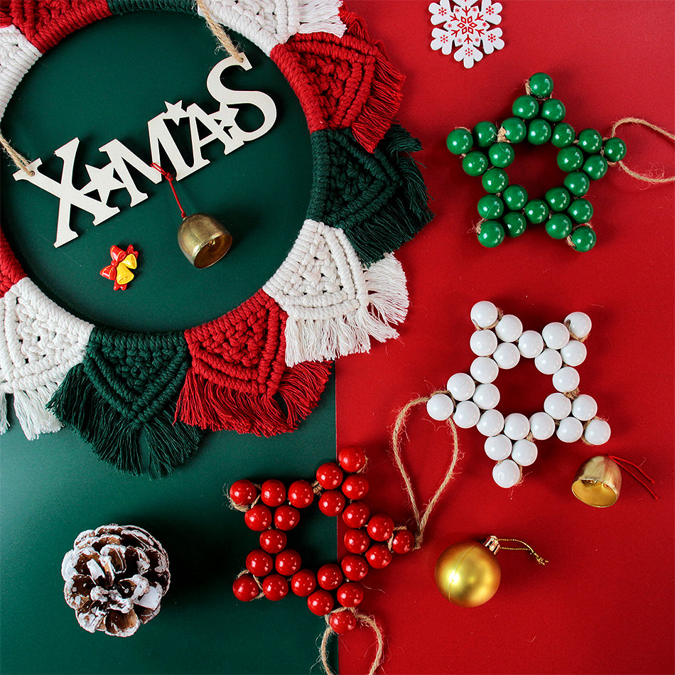Macrame Kit Christmas Wooden Bead Star Weaving Kit | Single-Color Beads | Symmetrical & Plump | Multi-Scene Decor | Beginner-Friendly| Car/Home Use