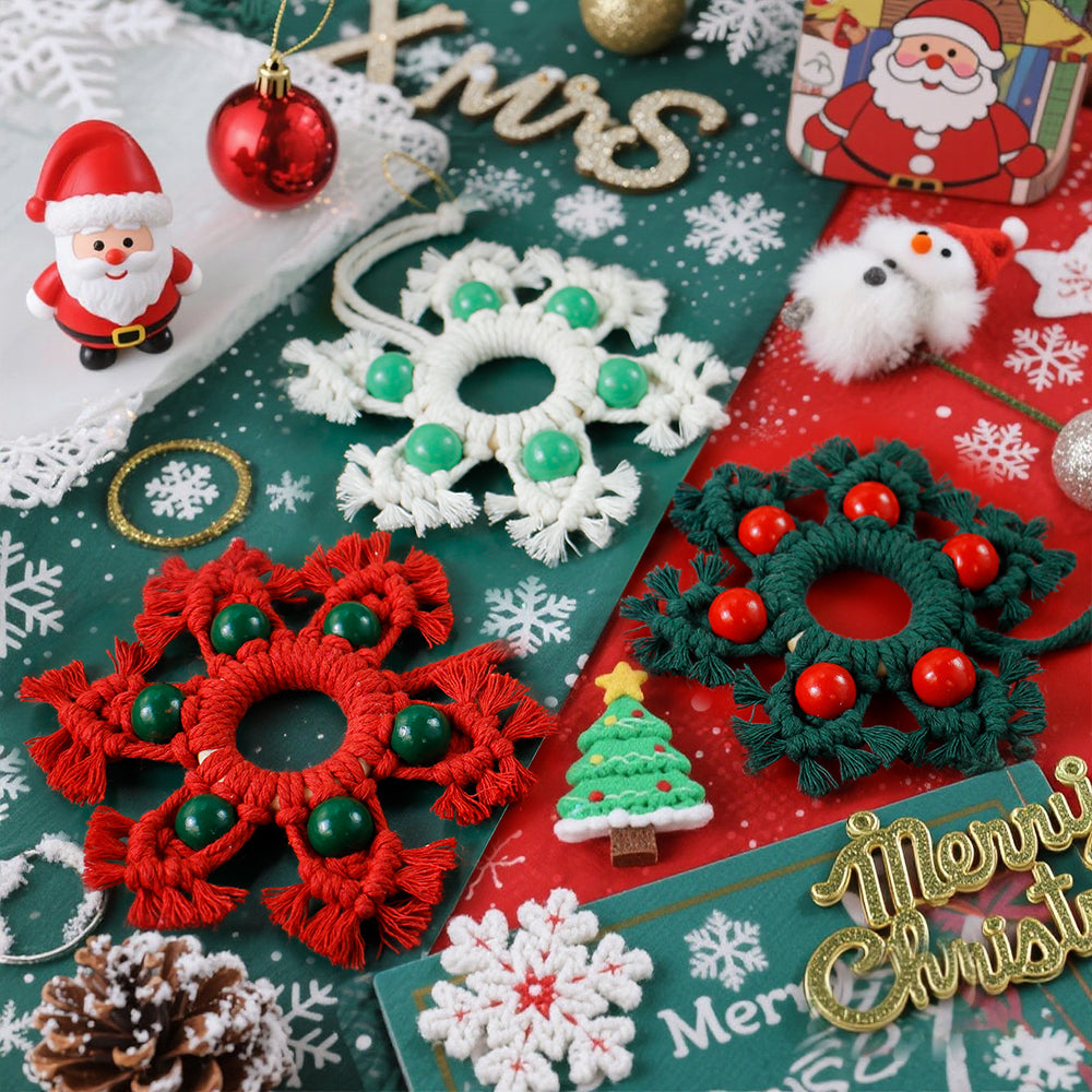 Wooden Bead Woven Snowflake Ornament Kit - Macrame Kit for Christmas Decoration, Car & Bag DIY Accessory&Holiday Decoration