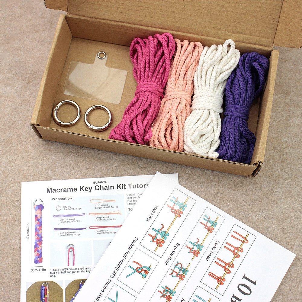 Macrame Kit 4-Strand Braid Keychain Combo Kit | Anti-Lost String/Bag Strap | English Tutorial | Beginner-Friendly | Handmade Gift