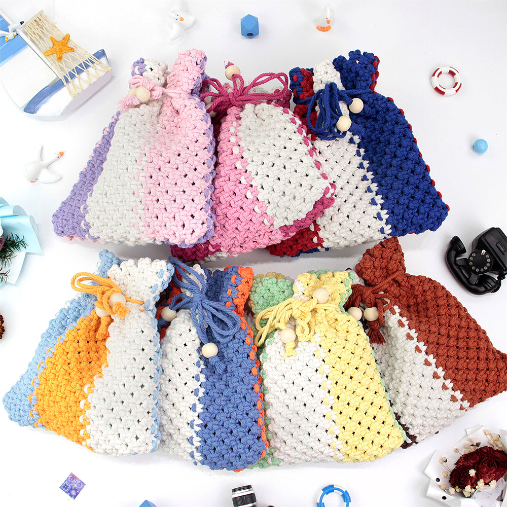 Macrame Kit Fortune Bag Storage Weaving Kit | 3-Color Patchwork | Drawstring Closure | Beginner-Friendly | Bead Accent | DIY Gift
