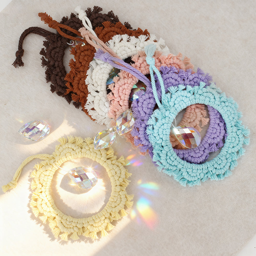 1PCS BUFANTL Macrame Kit for Beginners, Bohemian Round Lace Crystal Hanging DIY Craft Kit, Hand Woven Ornament for Decoration & Friendship Gifting
