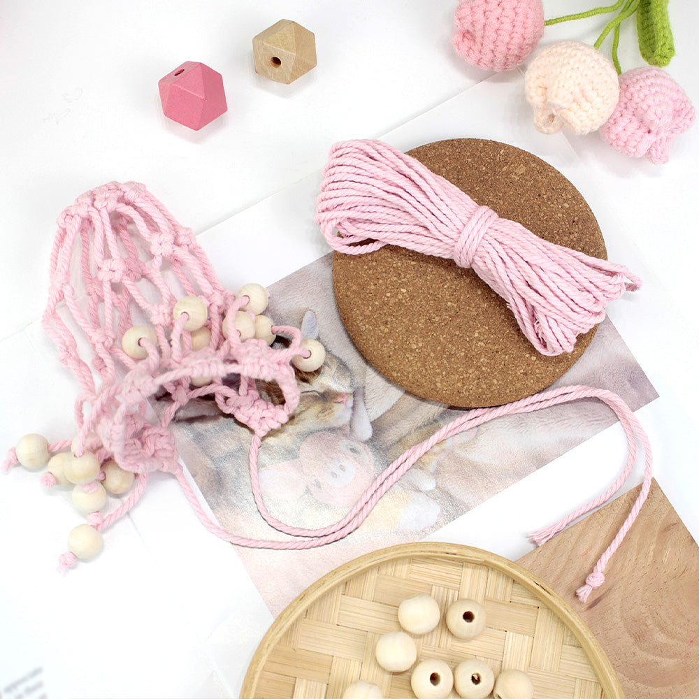DIY Enthusiasts Mini Storage Hanger Macrame Kit | Cute Wooden Bead Plant Net Bag Weaving Kit | Home Decoration Hanging Basket