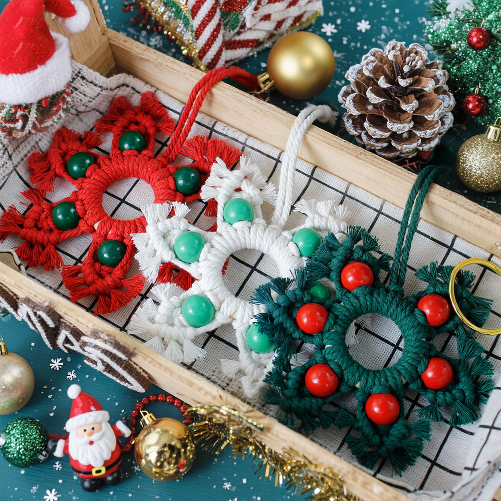 Wooden Bead Woven Snowflake Ornament Kit - Macrame Kit for Christmas Decoration, Car & Bag DIY Accessory&Holiday Decoration