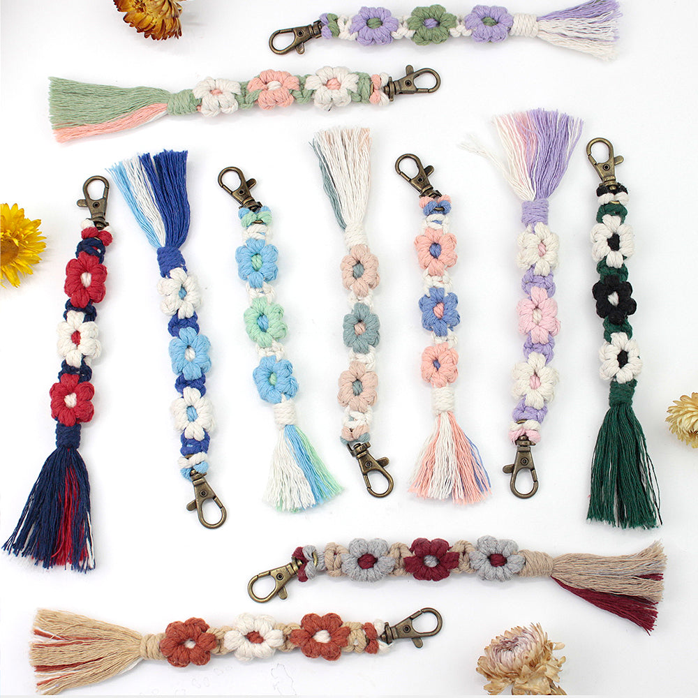 Macrame Kit Daisy Keychain Wristband Lanyard Combo Kit | Contrast/Fresh Colors | Anti-Lost String | Beginner Weavinggift wrapping