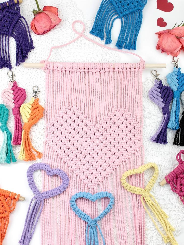 Macrame Kit Heart Series 4-Piece Combo Kit | Tassel Heart Tapestry/Keychain/Napkin Ring | Bohemian Style | Beginner Weaving