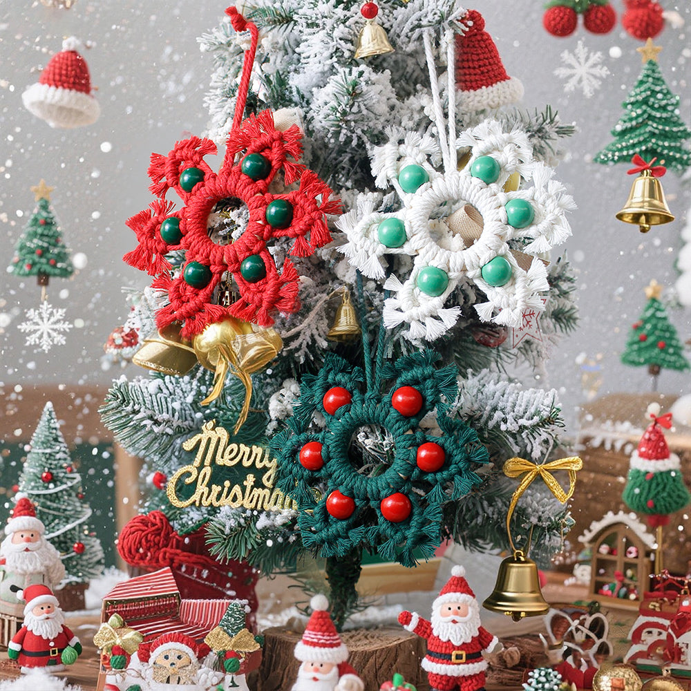 Wooden Bead Woven Snowflake Ornament Kit - Macrame Kit for Christmas Decoration, Car & Bag DIY Accessory&Holiday Decoration