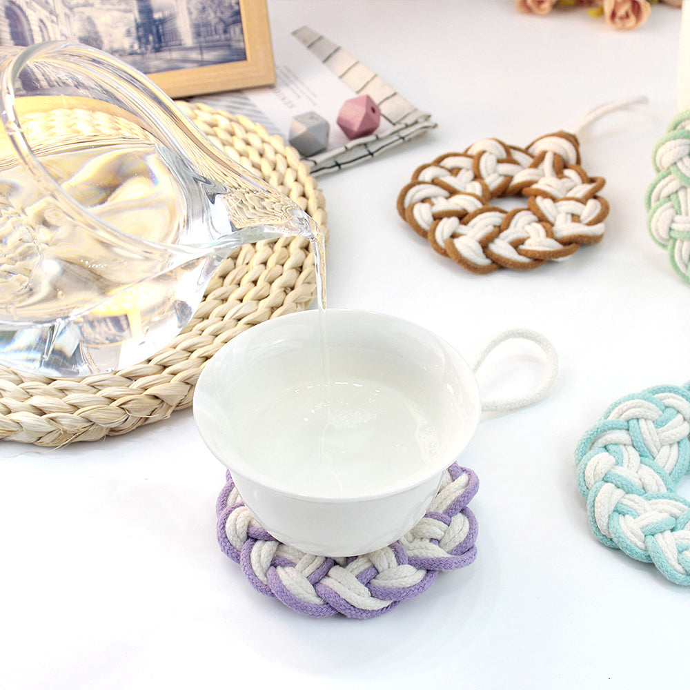 Macrame Kit Round Lace Coaster Weaving Kit | Light Color Elegance | Color Edging | Heat Pad | Beginner Weaving | Fits Most Cups