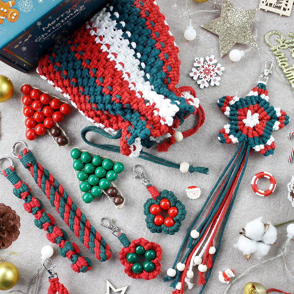Macrame Kit Christmas Series 8-Piece Weaving Kit | Christmas Ornament/Star Pendant | Phone Wristband/Mini Pouch | Beginner Weaving | Handmade Gift