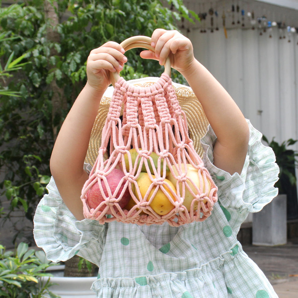 Macrame Kit Hollow Bag Weaving Kit | Dopamine Colors | Wooden Ring Handle | Commute/Outing Use | Beginner-Friendly