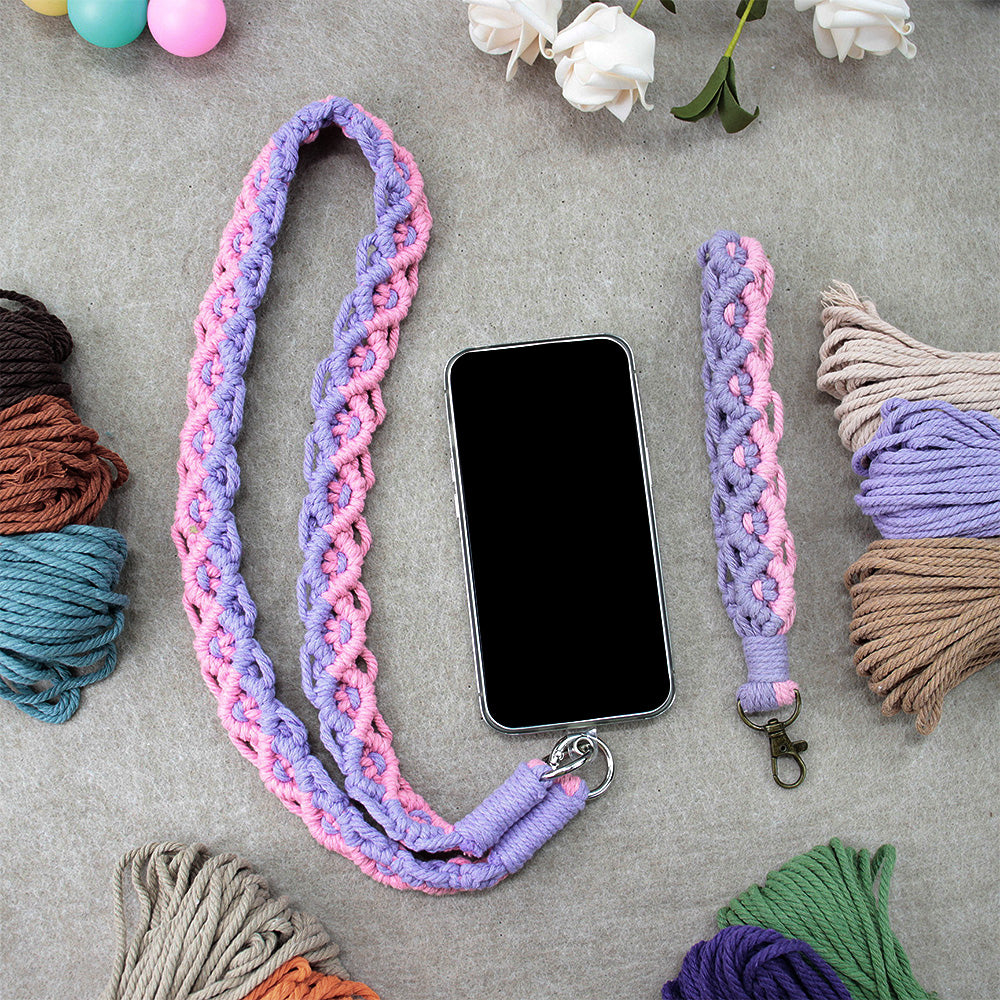 Macrame Kit Diagonal Curl Knot Keychain Combo Kit | Phone Wristband/Lanyard | Anti-Lost String | Beginner Weaving Lanyard