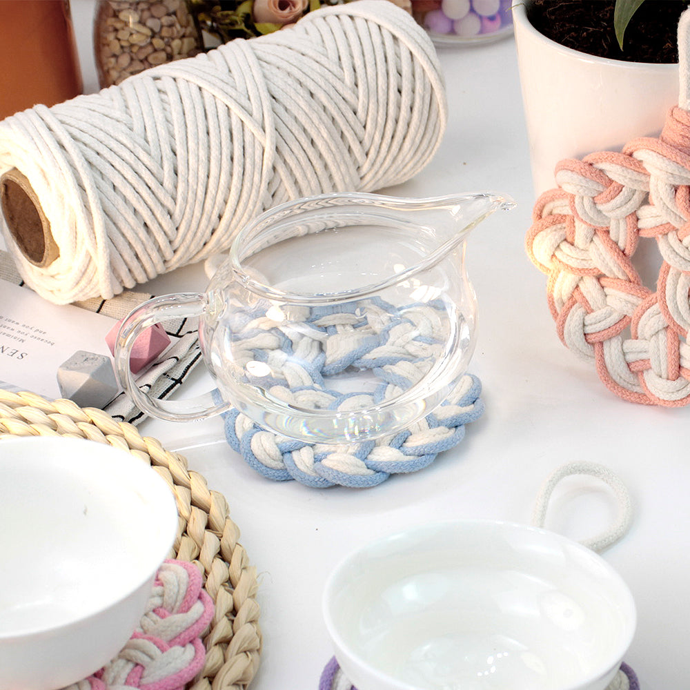 Macrame Kit Round Lace Coaster Weaving Kit | Light Color Elegance | Color Edging | Heat Pad | Beginner Weaving | Fits Most Cups