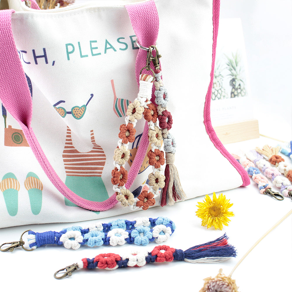 Macrame Kit Daisy Keychain Wristband Lanyard Combo Kit | Contrast/Fresh Colors | Anti-Lost String | Beginner Weavinggift wrapping
