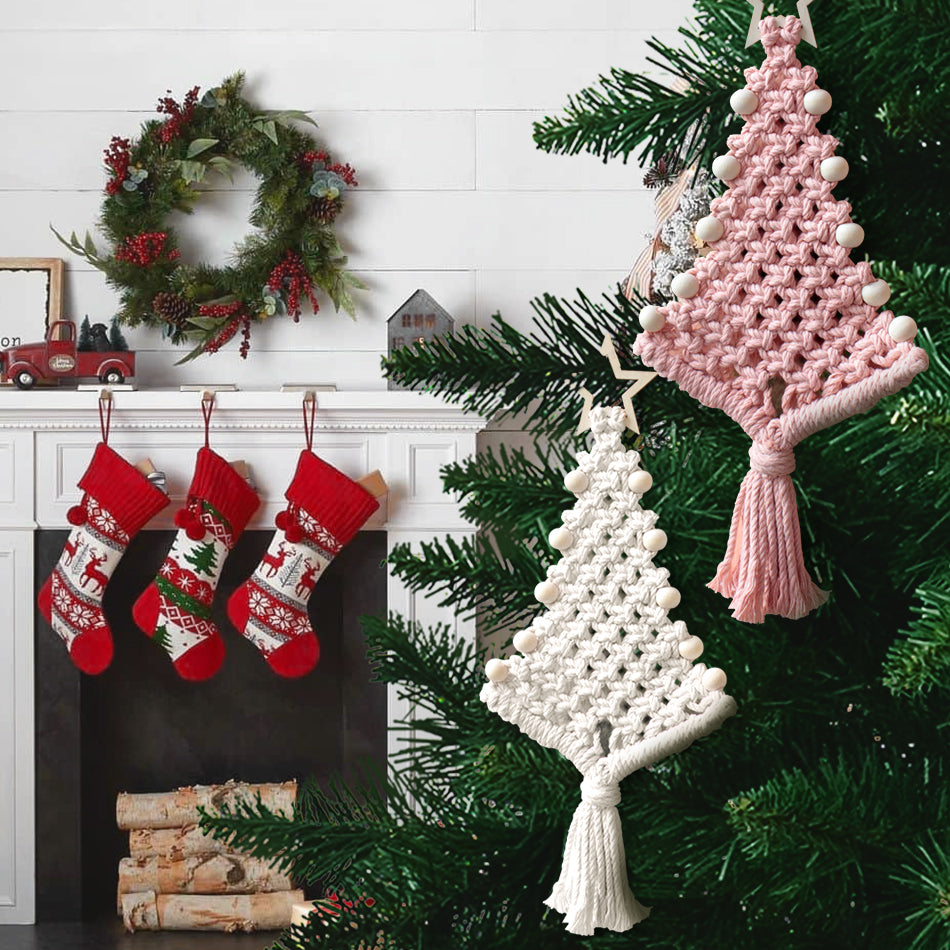 Christmas Tree Ornament Weaving Kit Macrame Kit | Car/Bag Pendant | Holiday DIY Gift | Beginner-Suitable Wooden Bead Christmas Tree