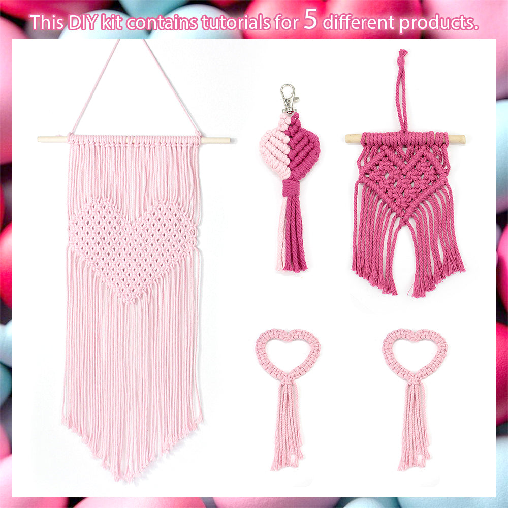 Macrame Kit Heart Series 4-Piece Combo Kit | Tassel Heart Tapestry/Keychain/Napkin Ring | Bohemian Style | Beginner Weaving