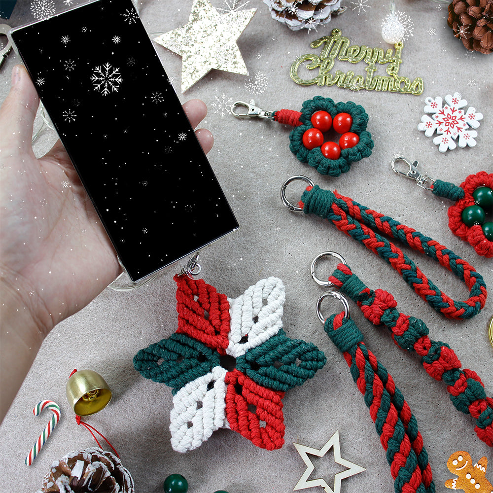Macrame Kit Christmas Series 8-Piece Weaving Kit | Christmas Ornament/Star Pendant | Phone Wristband/Mini Pouch | Beginner Weaving | Handmade Gift