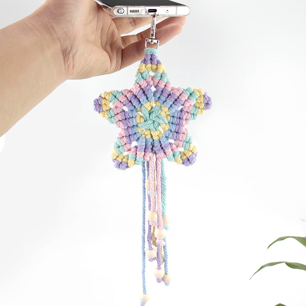 Macrame Kit 5-Pointed Star Keychain Weaving Kit | Multi-Colors | Fringe + Wood Bead Decor | Wristband/Anti-Lost Strap | Beginner-Friendly