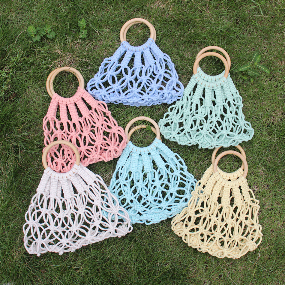 Macrame Kit Hollow Bag Weaving Kit | Dopamine Colors | Wooden Ring Handle | Commute/Outing Use | Beginner-Friendly