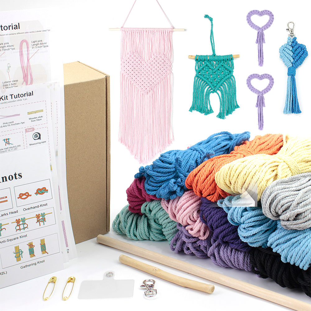 Macrame Kit Heart Series 4-Piece Combo Kit | Tassel Heart Tapestry/Keychain/Napkin Ring | Bohemian Style | Beginner Weaving