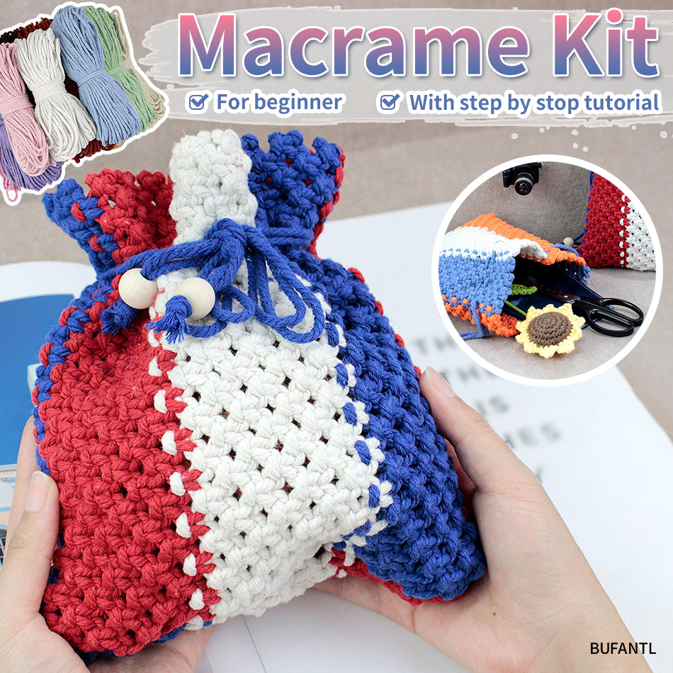 Macrame Kit Fortune Bag Storage Weaving Kit | 3-Color Patchwork | Drawstring Closure | Beginner-Friendly | Bead Accent | DIY Gift