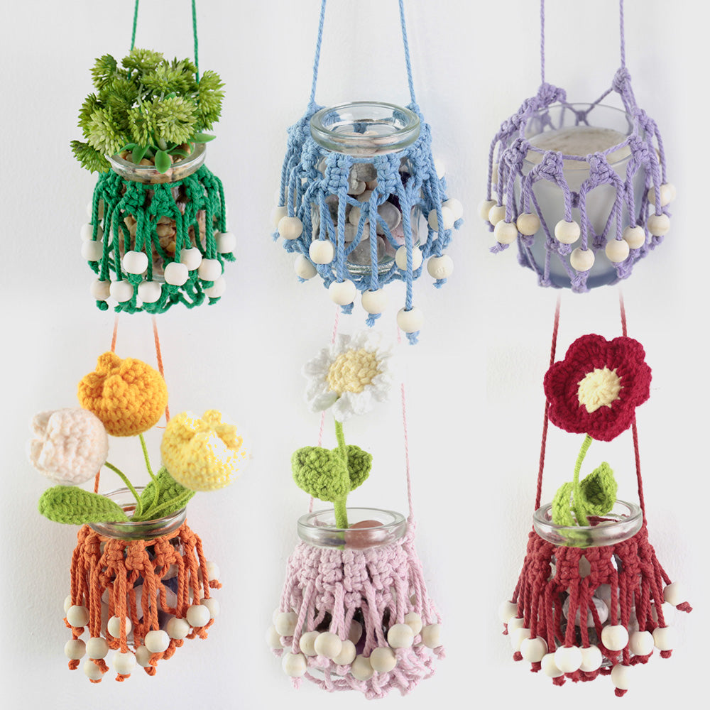 DIY Enthusiasts Mini Storage Hanger Macrame Kit | Cute Wooden Bead Plant Net Bag Weaving Kit | Home Decoration Hanging Basket
