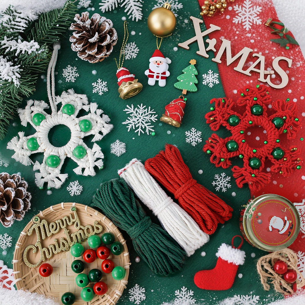 Wooden Bead Woven Snowflake Ornament Kit - Macrame Kit for Christmas Decoration, Car & Bag DIY Accessory&Holiday Decoration