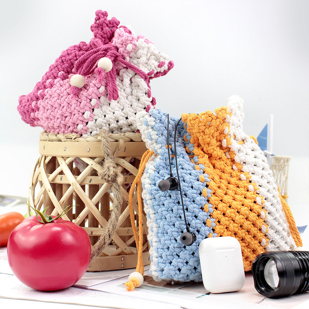 Macrame Kit Fortune Bag Storage Weaving Kit | 3-Color Patchwork | Drawstring Closure | Beginner-Friendly | Bead Accent | DIY Gift