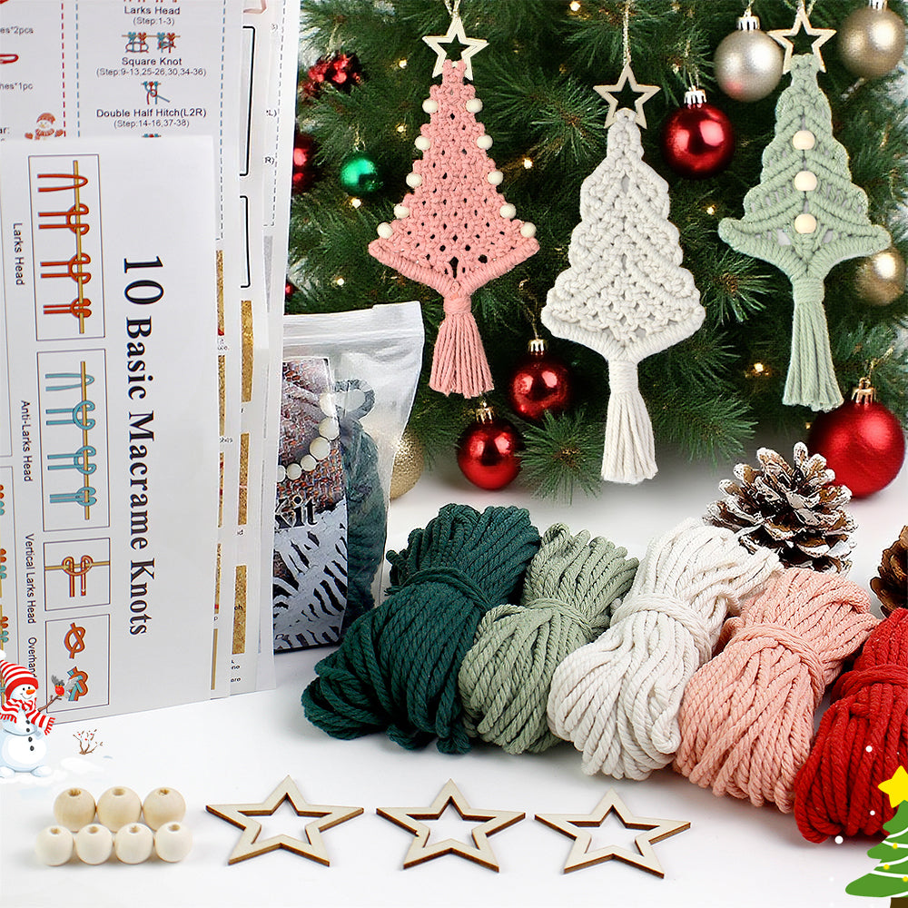 Macrame Kit Christmas Tree Combo Weaving Kit | 3 Tutorials | Xmas Ornament/Car Charm | Beginner Weaving | Handmade Gift
