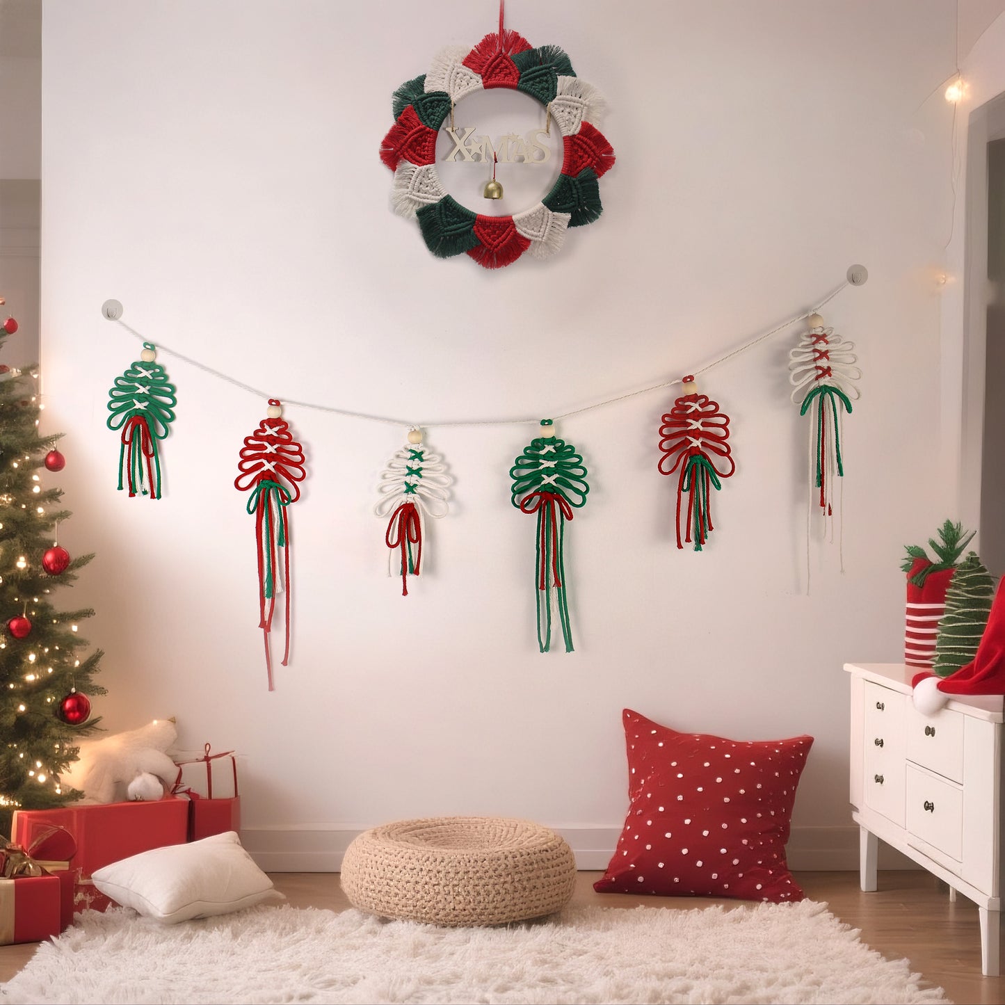 Macrame Kit Christmas Tassel Tree Banner DIY Set - Beginner-Friendly, Layered Coil Design, Home Living Room/Christmas Tree Decoration, Holiday Handmade Gift, Christmas Banner Decoration