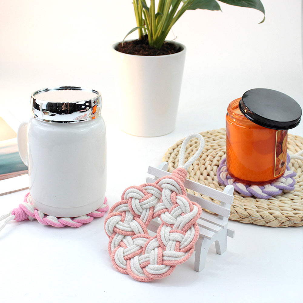 Macrame Kit Round Lace Coaster Weaving Kit | Light Color Elegance | Color Edging | Heat Pad | Beginner Weaving | Fits Most Cups