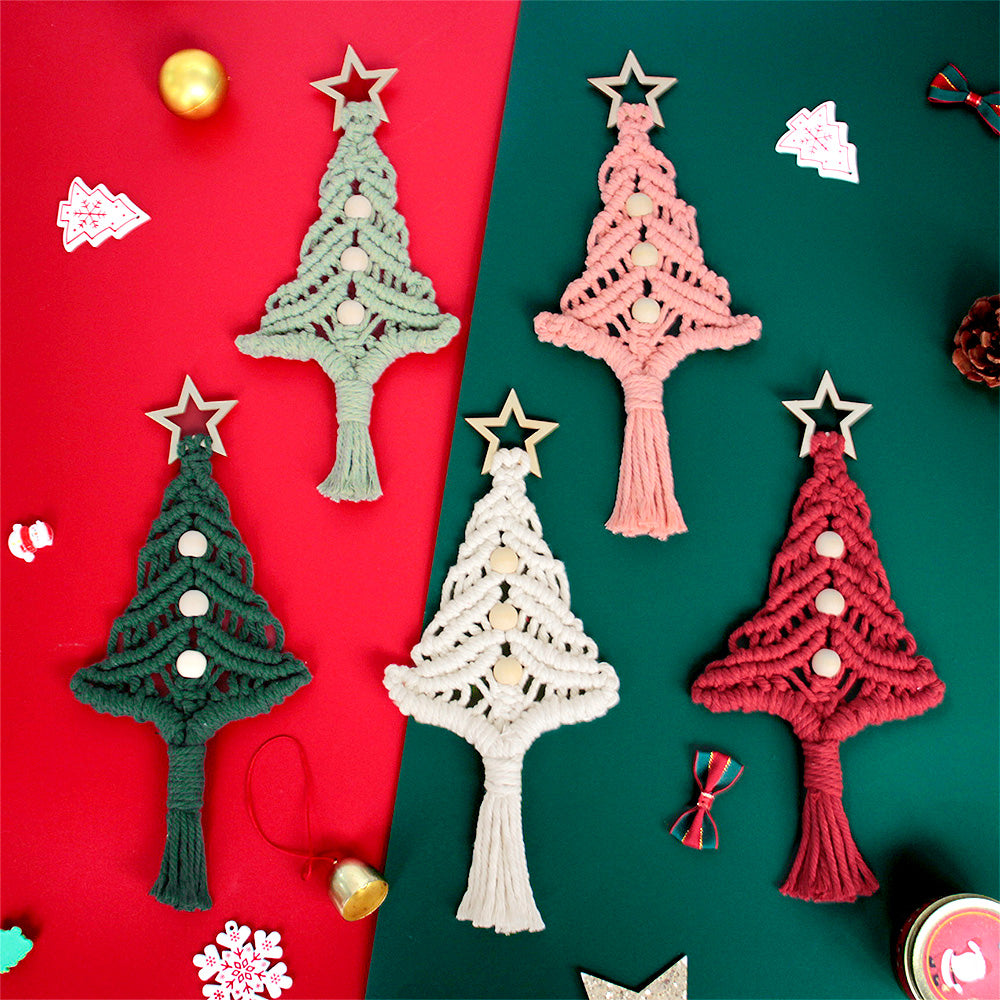 Beginner-Friendly DIY Wooden Bead Christmas Tree Macrame Kit - Holiday Decoration Pendant, Home & Car Christmas Ornament