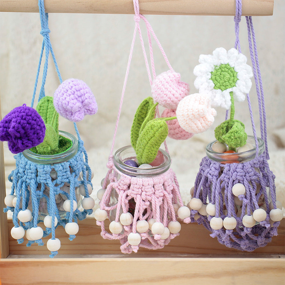 DIY Enthusiasts Mini Storage Hanger Macrame Kit | Cute Wooden Bead Plant Net Bag Weaving Kit | Home Decoration Hanging Basket