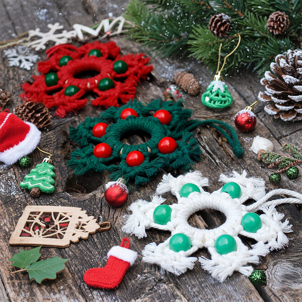 Wooden Bead Woven Snowflake Ornament Kit - Macrame Kit for Christmas Decoration, Car & Bag DIY Accessory&Holiday Decoration