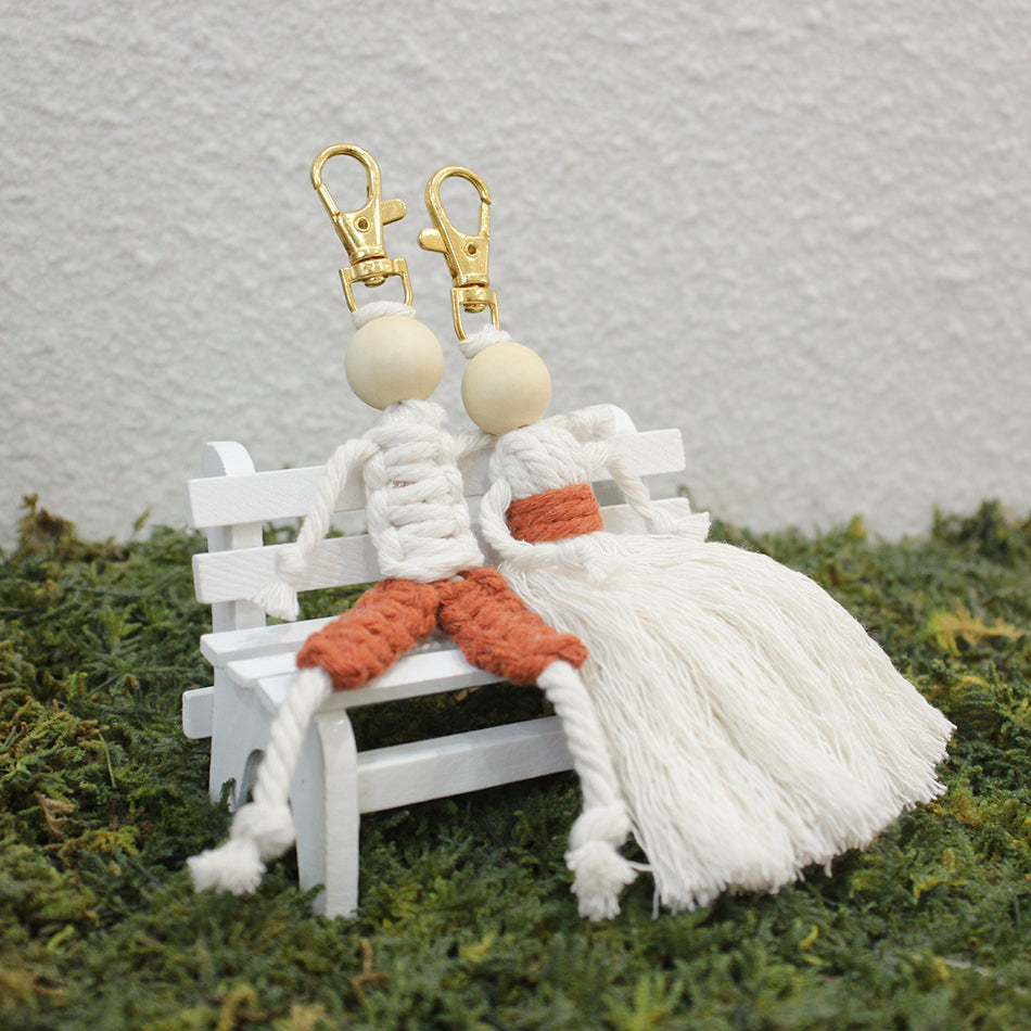 Macrame Kit Boy & Girl Handmade Weaving Keychain Set Movable Limbs, Fringe Skirt | Valentine's Day Gift, Beginner-Friendly