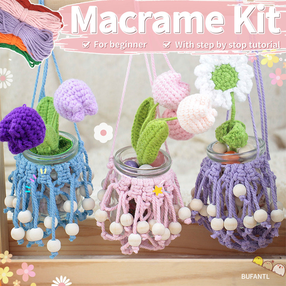 DIY Enthusiasts Mini Storage Hanger Macrame Kit | Cute Wooden Bead Plant Net Bag Weaving Kit | Home Decoration Hanging Basket