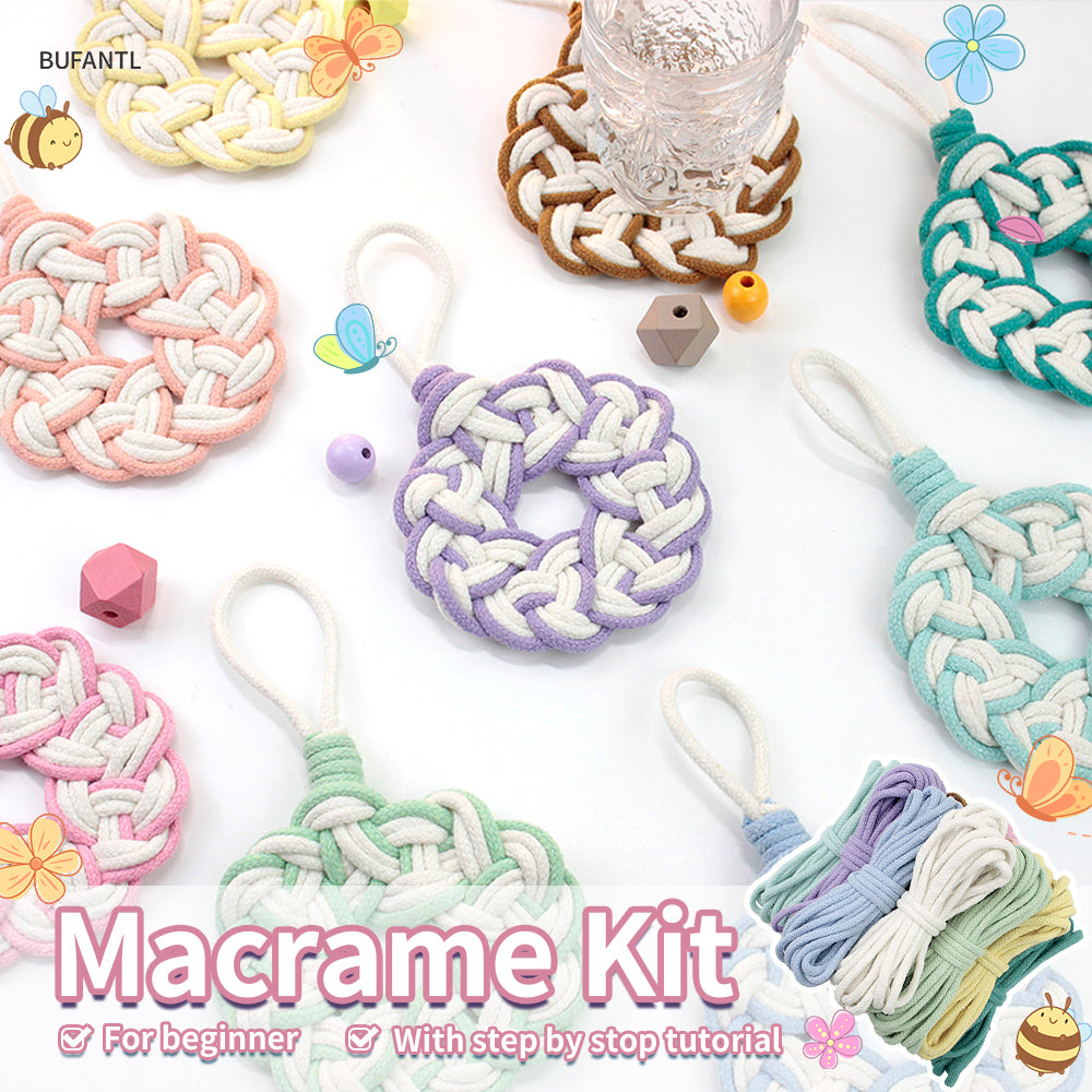 Macrame Kit Round Lace Coaster Weaving Kit | Light Color Elegance | Color Edging | Heat Pad | Beginner Weaving | Fits Most Cups