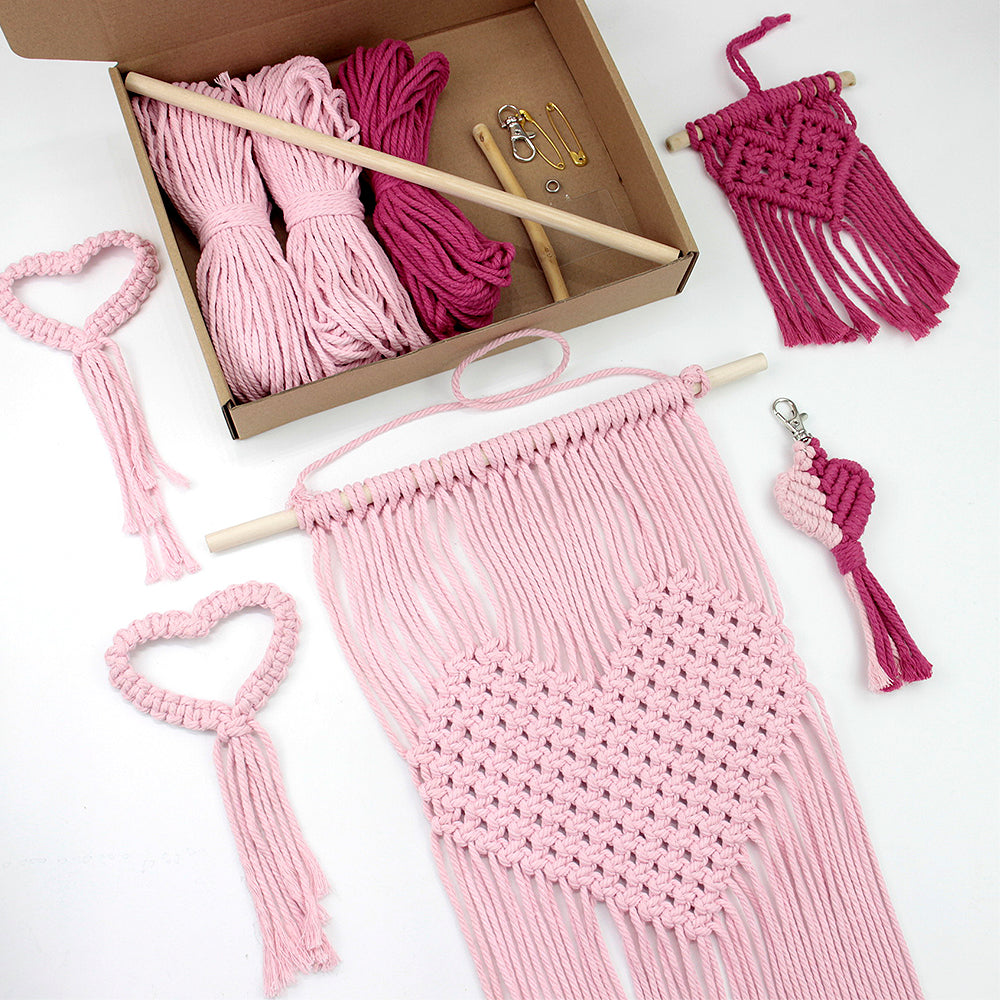 Macrame Kit Heart Series 4-Piece Combo Kit | Tassel Heart Tapestry/Keychain/Napkin Ring | Bohemian Style | Beginner Weaving