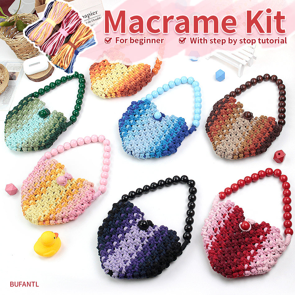 Macrame Kit Heart-Shaped Beaded Tote Weaving Kit | Dopamine Colors | Commute/Outing Use | Beginner-Friendly | DIY Gift