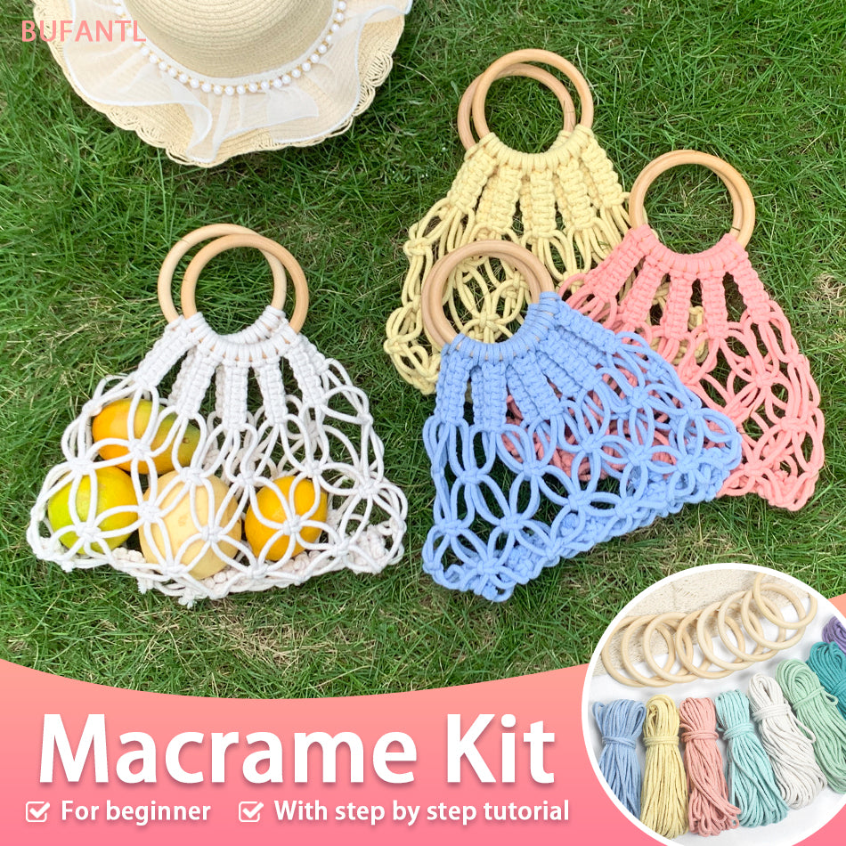 Macrame Kit Hollow Bag Weaving Kit | Dopamine Colors | Wooden Ring Handle | Commute/Outing Use | Beginner-Friendly