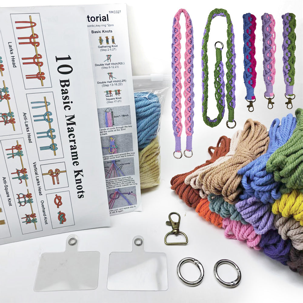Macrame Kit Diagonal Curl Knot Keychain Combo Kit | Phone Wristband/Lanyard | Anti-Lost String | Beginner Weaving Lanyard