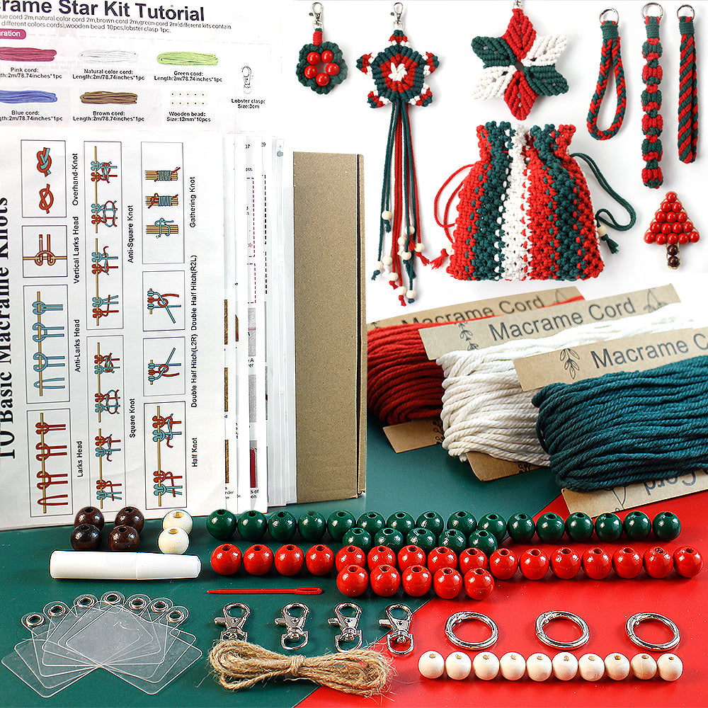 Macrame Kit Christmas Series 8-Piece Weaving Kit | Christmas Ornament/Star Pendant | Phone Wristband/Mini Pouch | Beginner Weaving | Handmade Gift