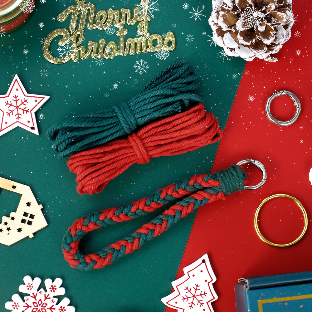 Macrame Kit Christmas 8-Strand Keychain Wristband Kit | Red & Dark Green | Anti-Lost String | Beginner Weaving