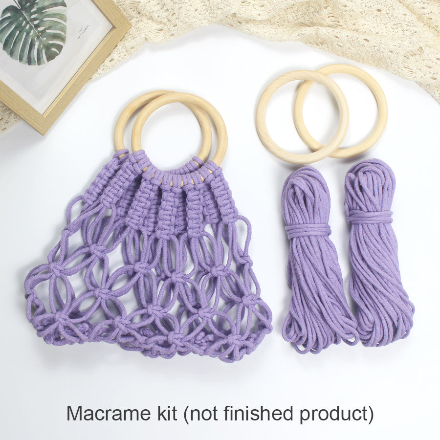 Macrame Kit Hollow Bag Weaving Kit | Dopamine Colors | Wooden Ring Handle | Commute/Outing Use | Beginner-Friendly