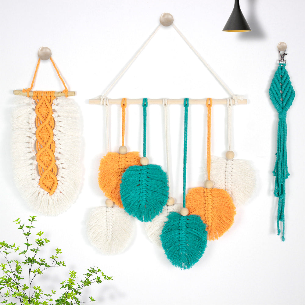Macrame Kit 3pcs Leaf Set Weaving Kit | English Tutorials | Tapestry/Keychain | Bohemian Style | Beginner Weaving