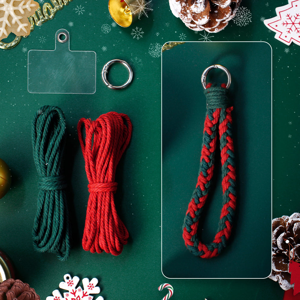 Macrame Kit Christmas 8-Strand Keychain Wristband Kit | Red & Dark Green | Anti-Lost String | Beginner Weaving
