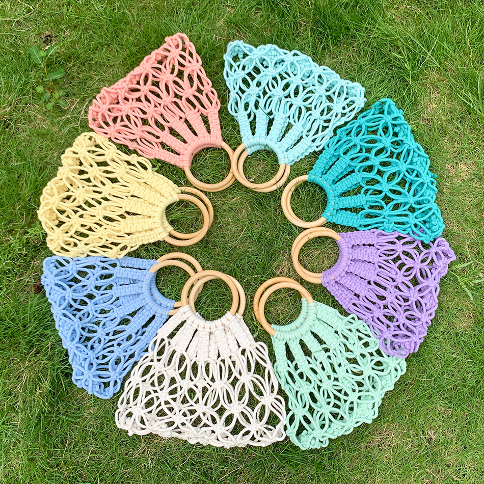 Macrame Kit Hollow Bag Weaving Kit | Dopamine Colors | Wooden Ring Handle | Commute/Outing Use | Beginner-Friendly