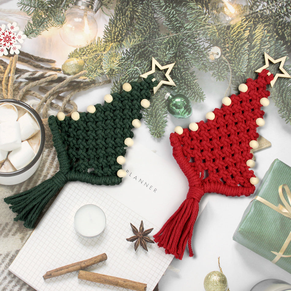 Christmas Tree Ornament Weaving Kit Macrame Kit | Car/Bag Pendant | Holiday DIY Gift | Beginner-Suitable Wooden Bead Christmas Tree